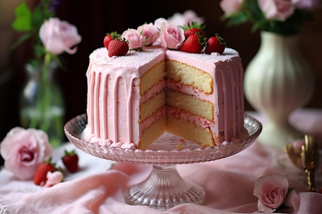 ciasto z różowym lukrem i truskawkami na stojaku na ciasto.