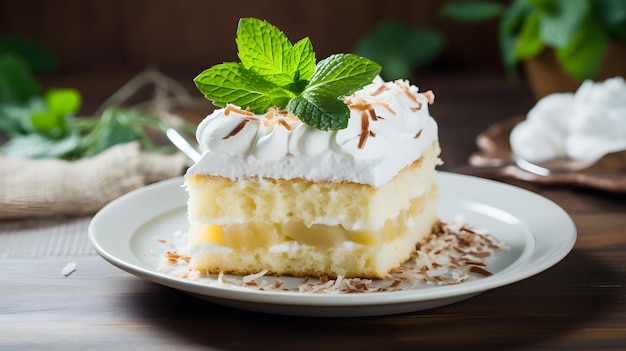 Ciasto z trzema mlekami lub Pastel de Tres Leches z miętą tradycyjny meksykański ciasto na białym talerzu w restauracji Generative AI