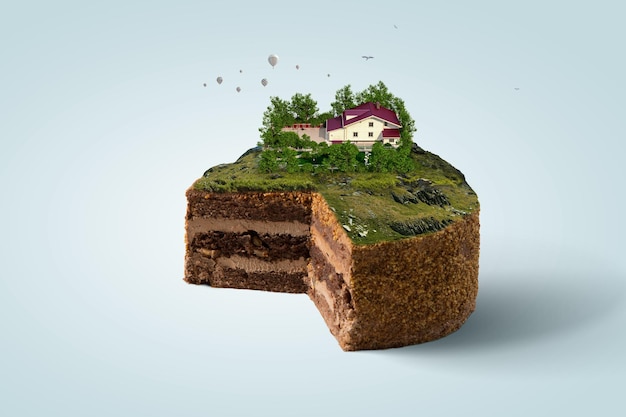 Ciasto z zielonym krajobrazem z domkiem na szczycie. Różne środki przekazu