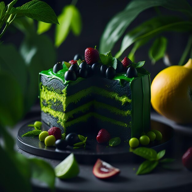 Ciasto z zielonym lukrem i jagodami na nim.