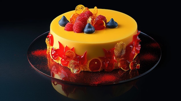 Ciasto z żółtą polewą i owocami na wierzchu.