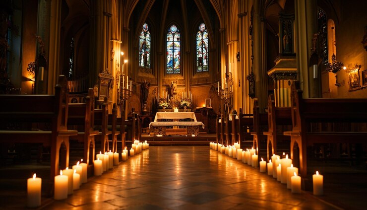 Zdjęcie cicha i refleksyjna atmosfera w kościele lub środowisku religijnym wieczorem wielkiego piątku
