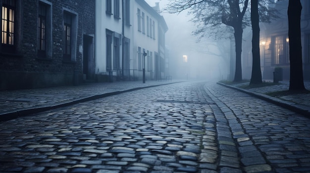 cicha ulica w porannej mgle z brukowanym kamieniem