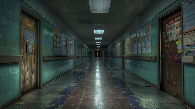 Cichy szkolny korytarz pusty.