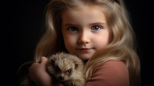Zdjęcie ciekawa dziewczynka z podziwem patrzy na maleńkiego i puszystego szczeniaka ježka, który spoczywa w jej rękach