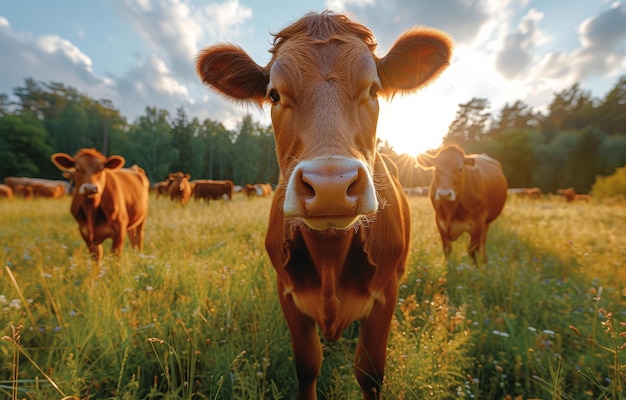 Ciekawa młoda brązowa krowa patrząca na kamerę i pasząca się na zielonym łące w letni dzień o zachodzie słońca