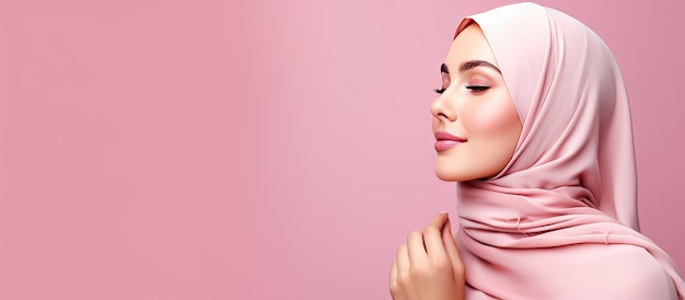 Ciekawa muzułmanka w chustce na głowę zainteresowana arabską kobietą noszącą hidżab różowe studio z przestrzenią do kopiowania