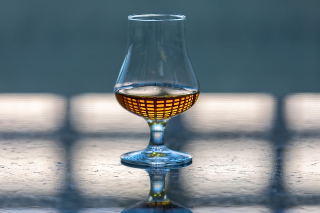Ciekawa szkocka whisky single malt w szkle degustacyjnym z wyrazistym i nietypowym tłem