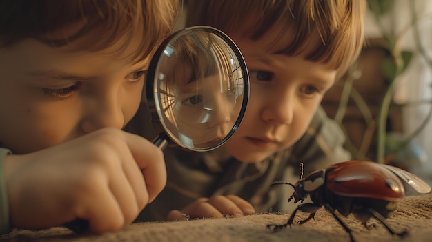 Zdjęcie ciekawe dzieci badające przyrodę za pomocą szkła powiększającego obserwujące chrząszcza szczery moment dzieciństwa edukacyjna aktywność na świeżym powietrzu ai