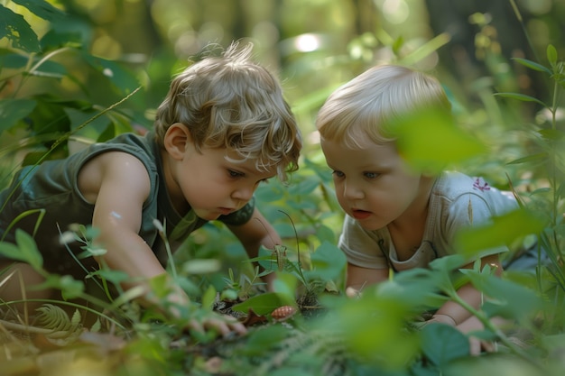 Zdjęcie ciekawe dzieci wspólnie badają przyrodę