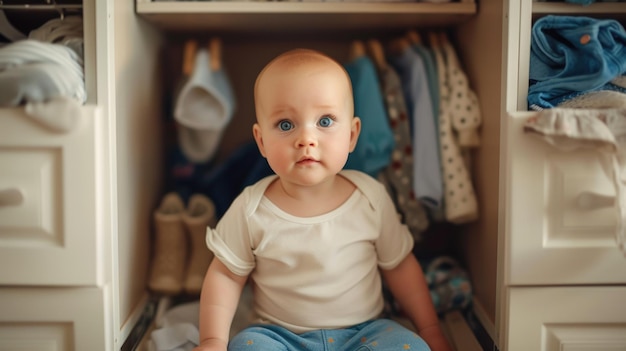 Ciekawe dziecko siedzące w otwartej szufladzie otoczonej ubraniami