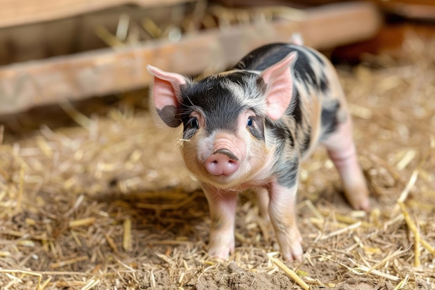 Zdjęcie ciekawe małe świnki świnia w pomieszczeniu na farmie hodowla bydła wieprzowe