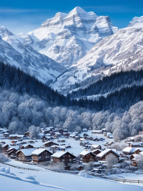 Ciekawe zdjęcie przedstawiające malownicze miasteczko pokryte śniegiem z uroczymi małymi domkami