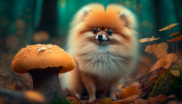 Ciekawski pomorski pies wącha grzyby w lesie