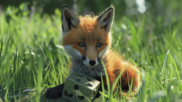 Ciekawy czerwony lis siedzi na bujnie zielonym polu, zafascynowany tajemniczą świecącą kostką.