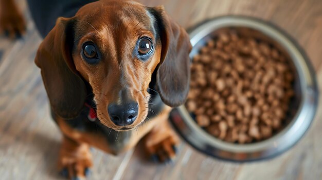 Ciekawy dachshund obserwuje kamerę w pobliżu miski do karmienia