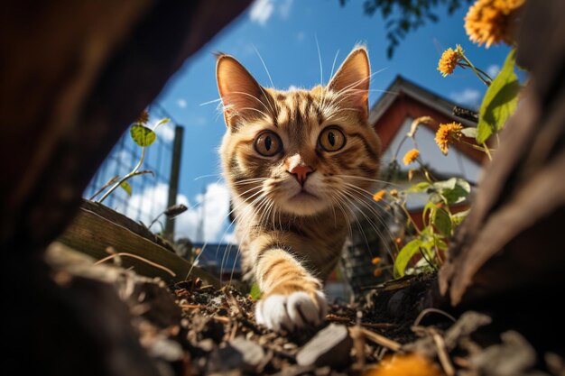 Ciekawy ginger kot domowy polowanie na świeżym powietrzu w ogrodzie w słoneczny dzień głowa zwierzęcia fisheye