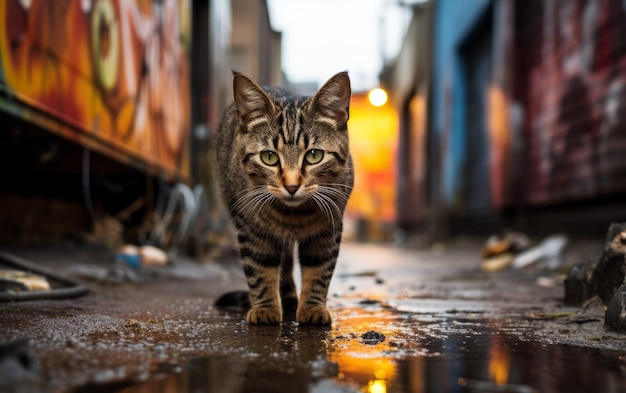 Ciekawy kot prowadzący ulice miasta