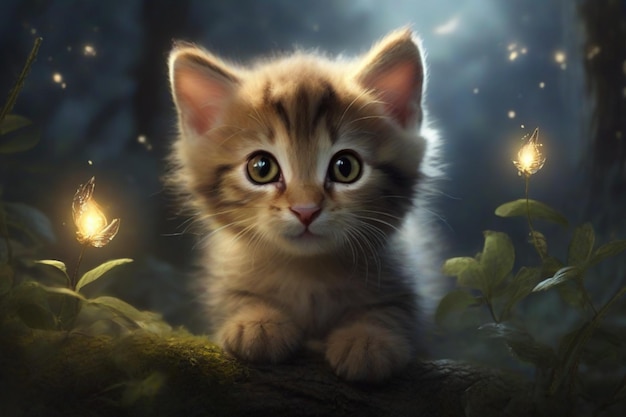 Ciekawy kotek zabawnie odkrywa magiczny las z świetlikami oświetlającymi drzewa