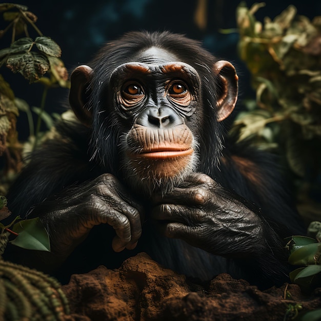Ciekawy szympans z ręką na podbródku w bujnym Jun Hyper realistyczna ilustracja Photo Art