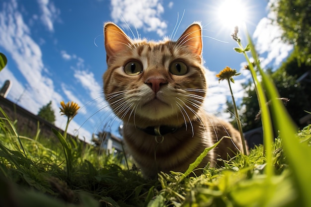 Ciekawy zabawny kot czerwony zwierzę na trawniku w słoneczny dzień głowa zwierzęcia fisheye niski kąt widoku