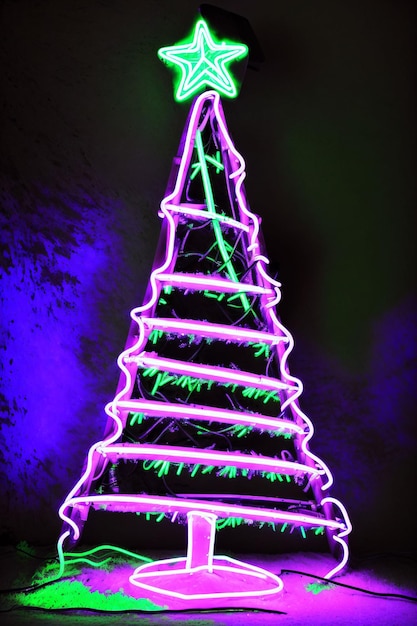 Ciemna choinka oświetlona neonami na ciemnym tle tapety świąteczny sztandar