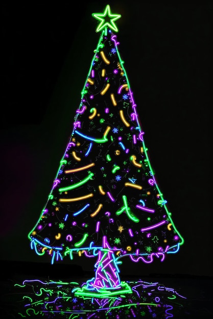 Ciemna choinka oświetlona neonami na ciemnym tle tapety świąteczny sztandar