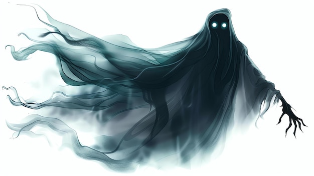 Zdjęcie ciemna cieniasta postać z błyszczącymi białymi oczami nosi długi czarny płaszcz i ma duchowy, eteryczny wygląd.