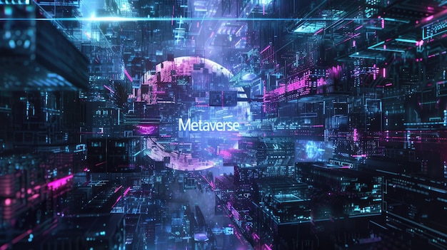 Ciemna cyberprzestrzeń z neonowym znakiem Metaverse abstrakcyjny świat cyfrowy litery na danych światła tła Koncepcja technologii przyszła technologia niebieska wirtualna rzeczywistość