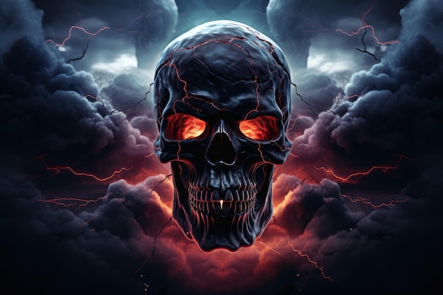 Ciemna czaszka Groźny, trójwymiarowy obraz diabelskiego demona z kośćmi i przerażający