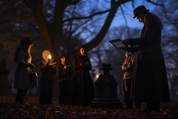 Zdjęcie ciemna duchowa postać ludzi wykonujących przerażające rytuały na cmentarzu generatywna sztuczna inteligencja