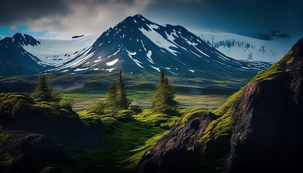 Zdjęcie ciemna góra z zielonymi drzewami maluje krajobraz