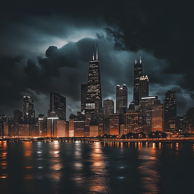 Ciemna i nastrojowa panorama Chicago wykonana za pomocą generatywnej sztucznej inteligencji