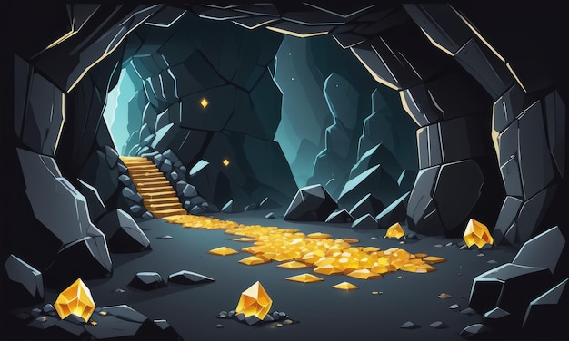 Ciemna jaskinia z kamiennymi ścianami i złotymi lśniącymi kryształami.