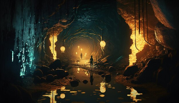Ciemna jaskinia ze świecącym światłem i osobą stojącą w jej środku.