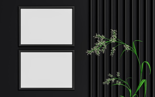 Zdjęcie ciemna luksusowa pozioma ramka na zdjęcia makieta tła z zielonymi liśćmi renderowania 3d