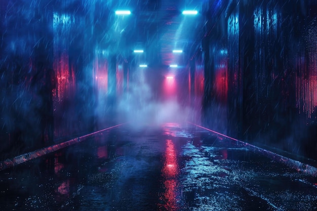 Ciemna miejska scena z neonowymi światłami i odbiciami w wodzie