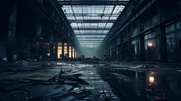 Ciemna opuszczona fabryka z dużym oknem z napisem „cytat” na dole