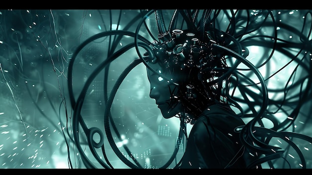 Zdjęcie ciemna postać z błękitnymi oczami stoi w futurystycznym otoczeniu. postać wydaje się być cyborgem z mieszanką ludzkich i mechanicznych części.