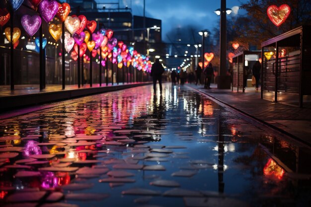 Ciemna, przytulna, mokra ulica miejska z żywymi i kolorowymi dekoracjami dużych serc i parami chodzącymi