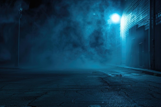 Ciemna, pusta ulica z neonowymi światłami i studio wypełnionym dymem.