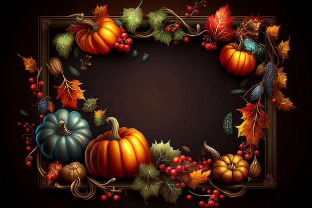 Ciemna ramka z jesiennymi zbiorami lub Święto Dziękczynienia dynie opadają liście i owoce generatywne ai