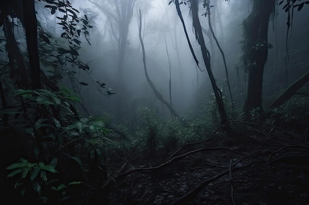 Ciemna scena lasu deszczowego z mglistą mgłą tworzącą tajemniczą atmosferę