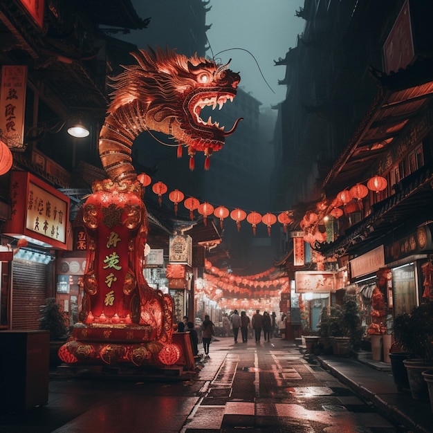 Ciemna scena uliczna w Chinach z lampami smoków oświetlonymi w nocy w stylu hiperrealistycznym