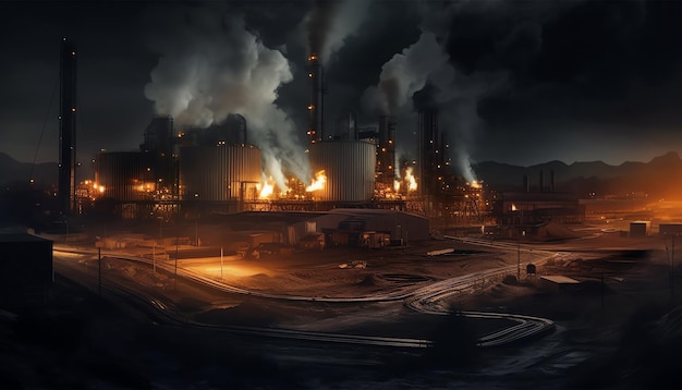 Ciemna scena z fabryką i wydobywającym się z niej dymem.