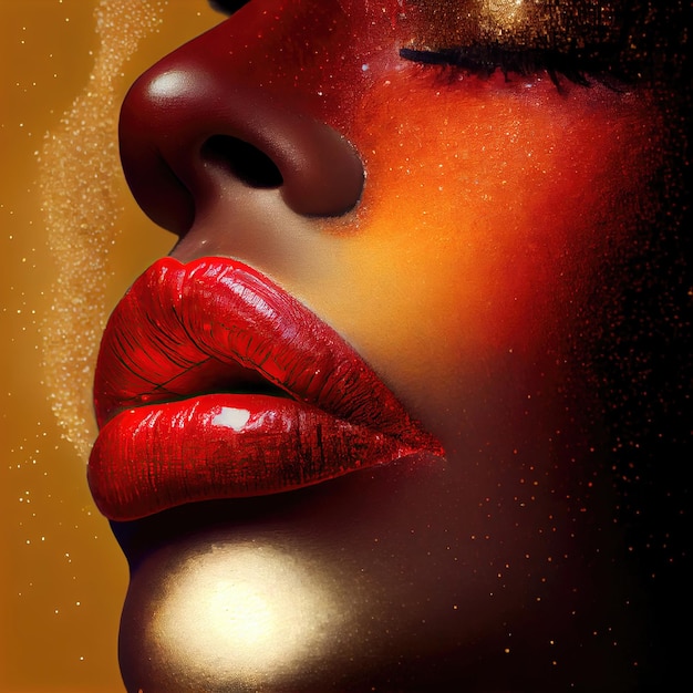Ciemna skóra l kobieta z czerwonymi ustami i złotym makijażem zbliżenie Nie jest prawdziwą osobą stworzoną za pomocą Generative AI