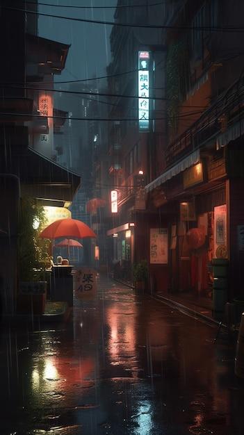 Ciemna ulica miasta z czerwonym parasolem w deszczu.