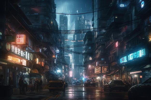 Ciemna ulica miasta z neonami z napisem „cyberpunk”