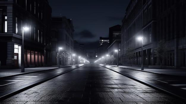 Ciemna ulica w nocy z włączonymi światłami.