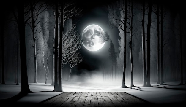 Ciemne abstrakcyjne zimowe tło leśne Drewniana podłoga Śnieg mgła Ciemne tło nocy w lesie przy świetle księżyca Nocny widok Generowanie Ai